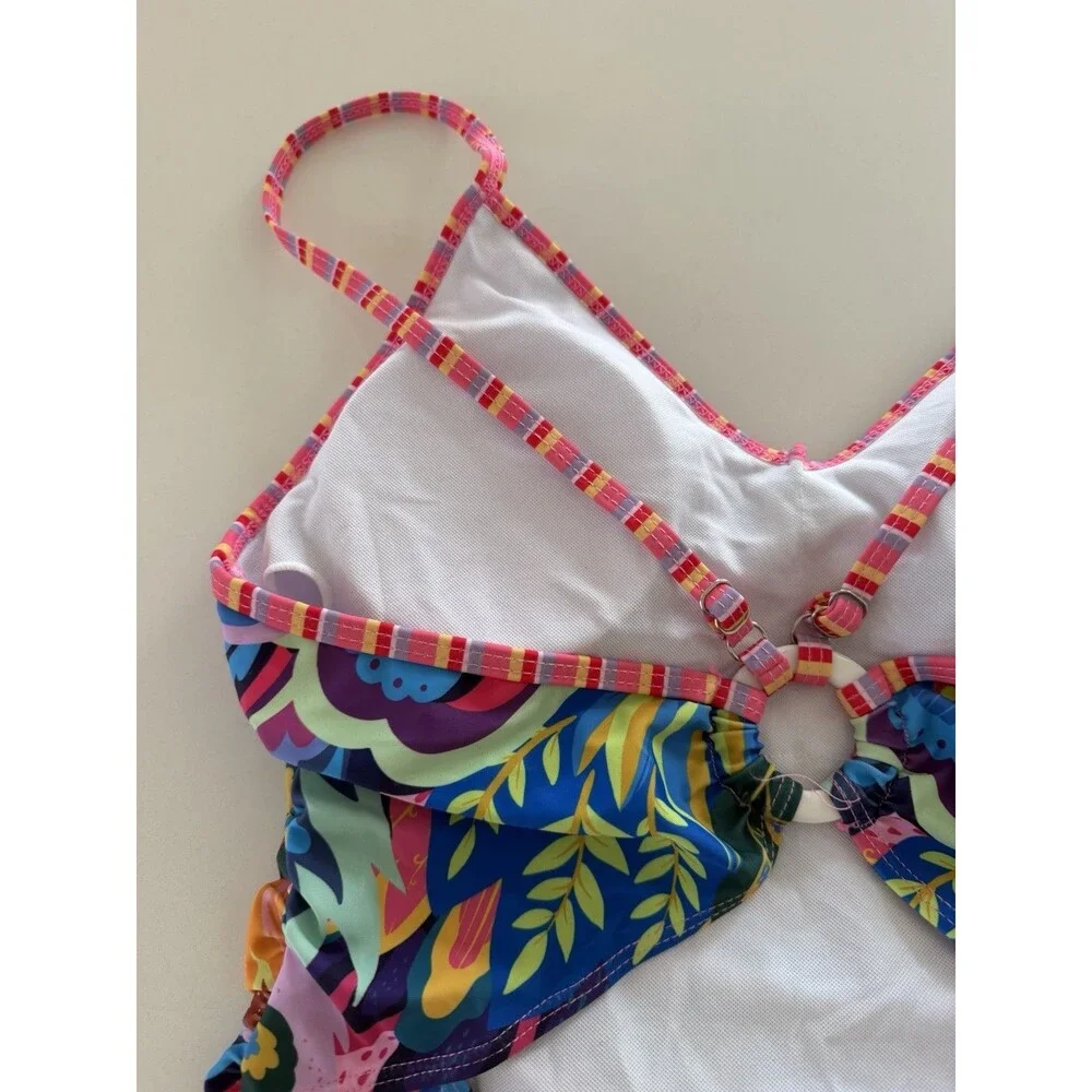 Women's One Piece Swimsuit Abstract Print Spaghetti Straps Cut out multicolor M